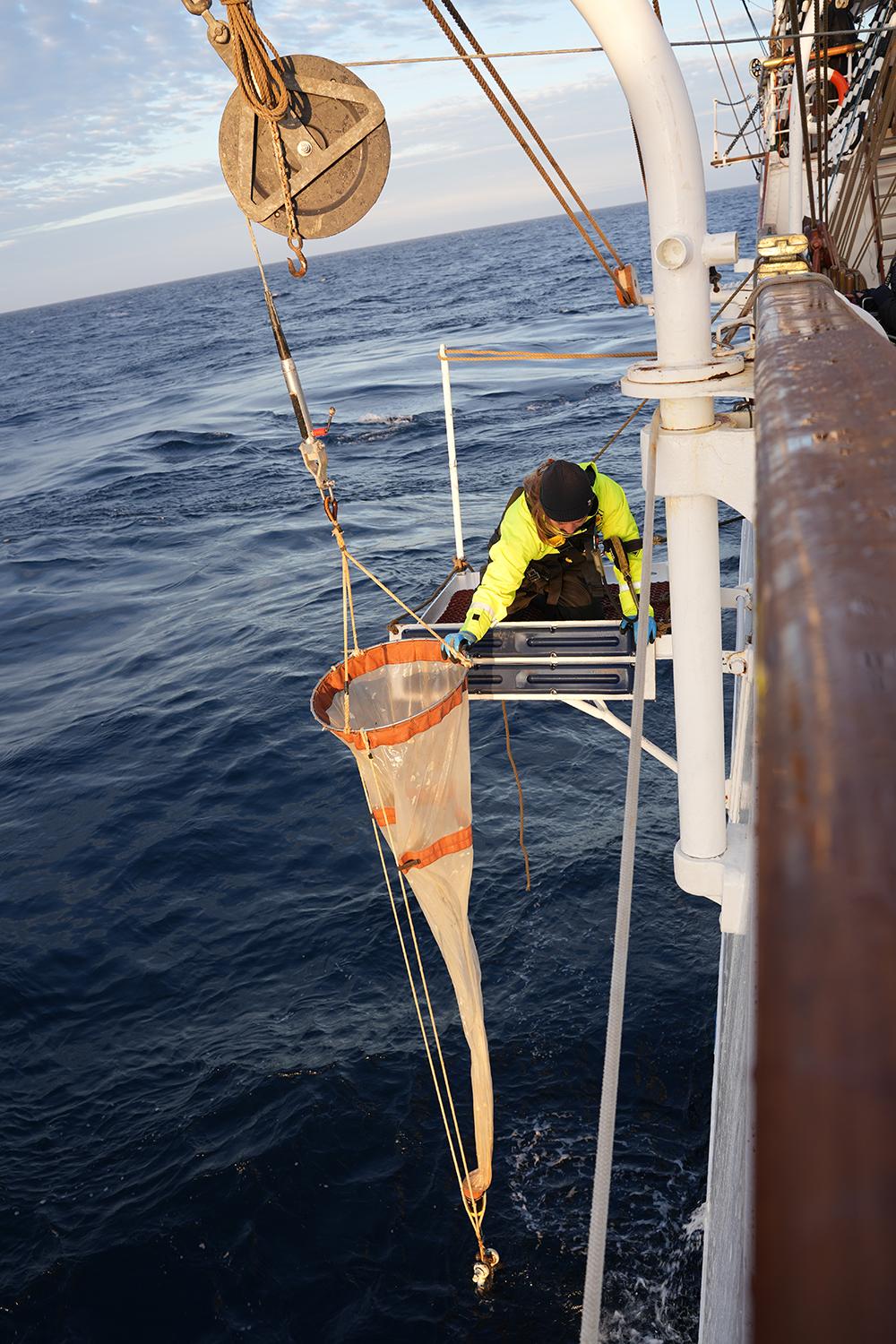 Zooplankton net at the side of a boat.
